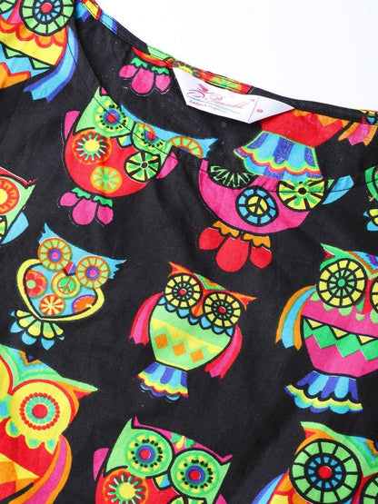 PANNKH Black Owl Print Top - Stylish Cotton Casual Wear
