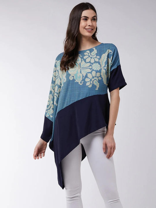 PANNKH Asymmetric Printed Blue Loose Top - Casual Poly Crepe Fashion