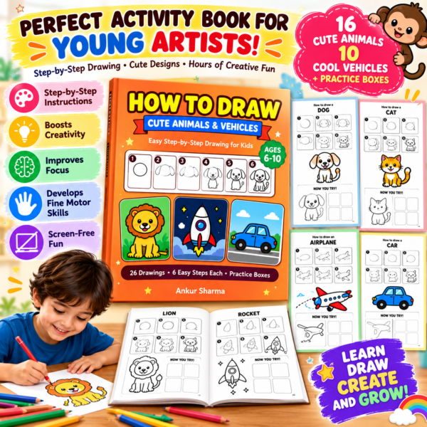 How to Draw Cute Animals and Vehicles for Kids Ages 6-10: Step-by-Step Drawing Book with 26 Easy Drawings, Practice Pages and Printable PDF