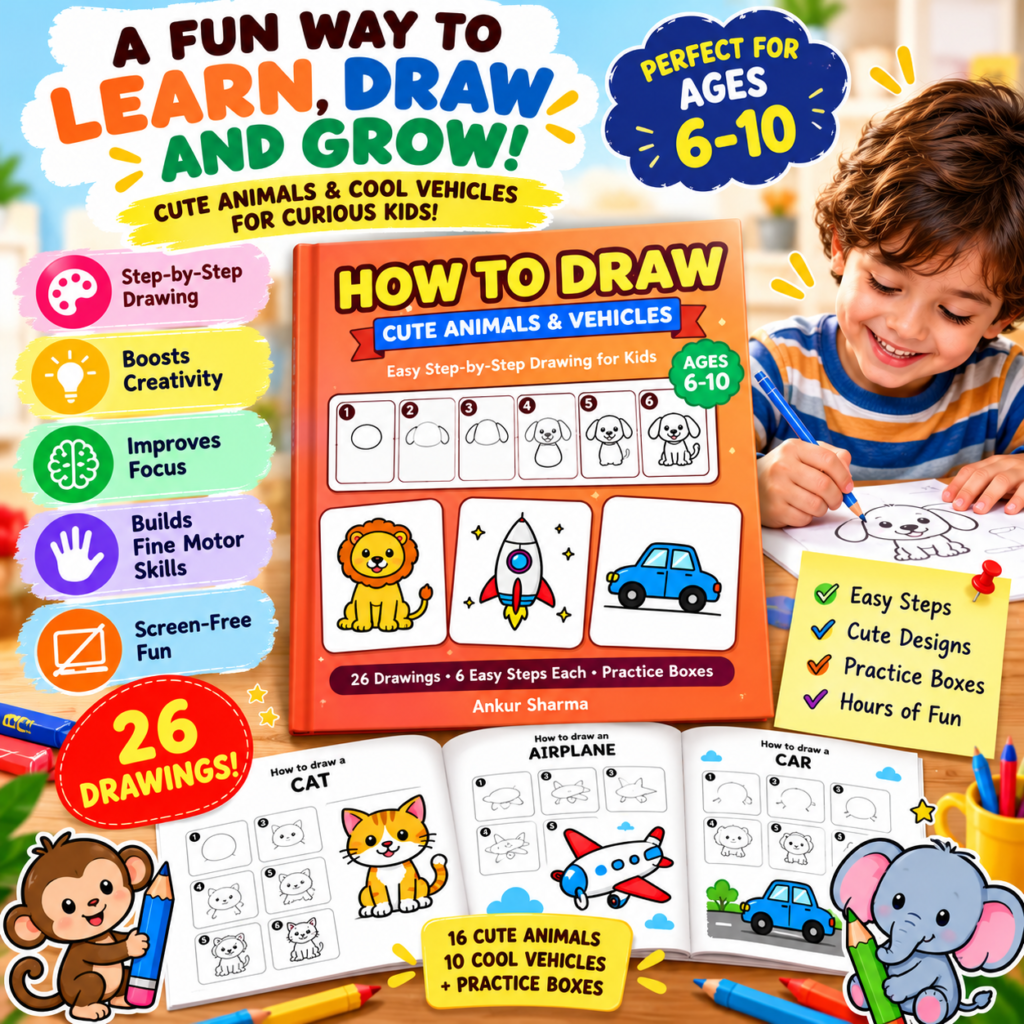 How to Draw Cute Animals and Vehicles for Kids Ages 6-10: Step-by-Step